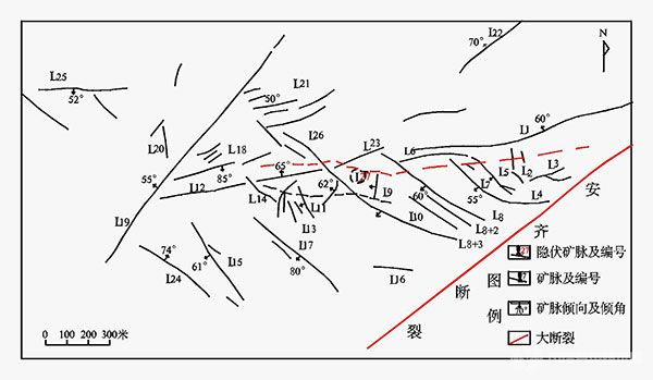 哈圖金礦地表、隱伏礦脈分布圖