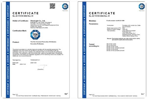 極電光能1.2m×0.6m鈣鈦礦組件IEC認證證書