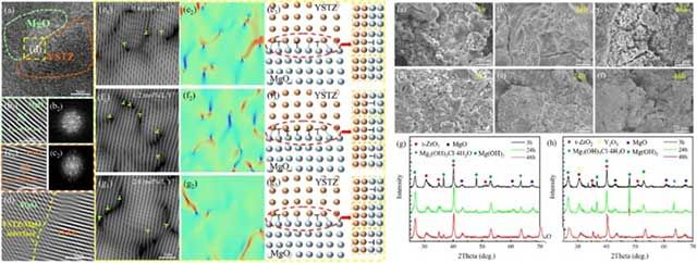 圖4. 膜層中(101) YSTZ和(111) MgO之間的半共格界面關(guān)系及膜層在3.5 wt.% NaCl溶液中浸泡3 h、24 h和48 h形貌和XRD